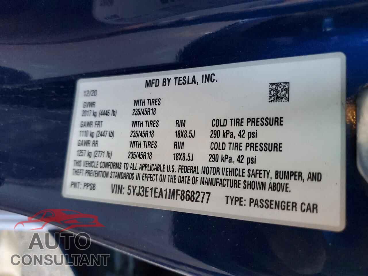 TESLA MODEL 3 2021 - 5YJ3E1EA1MF868277