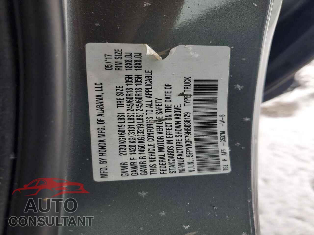 HONDA RIDGELINE 2017 - 5FPYK3F79HB036129