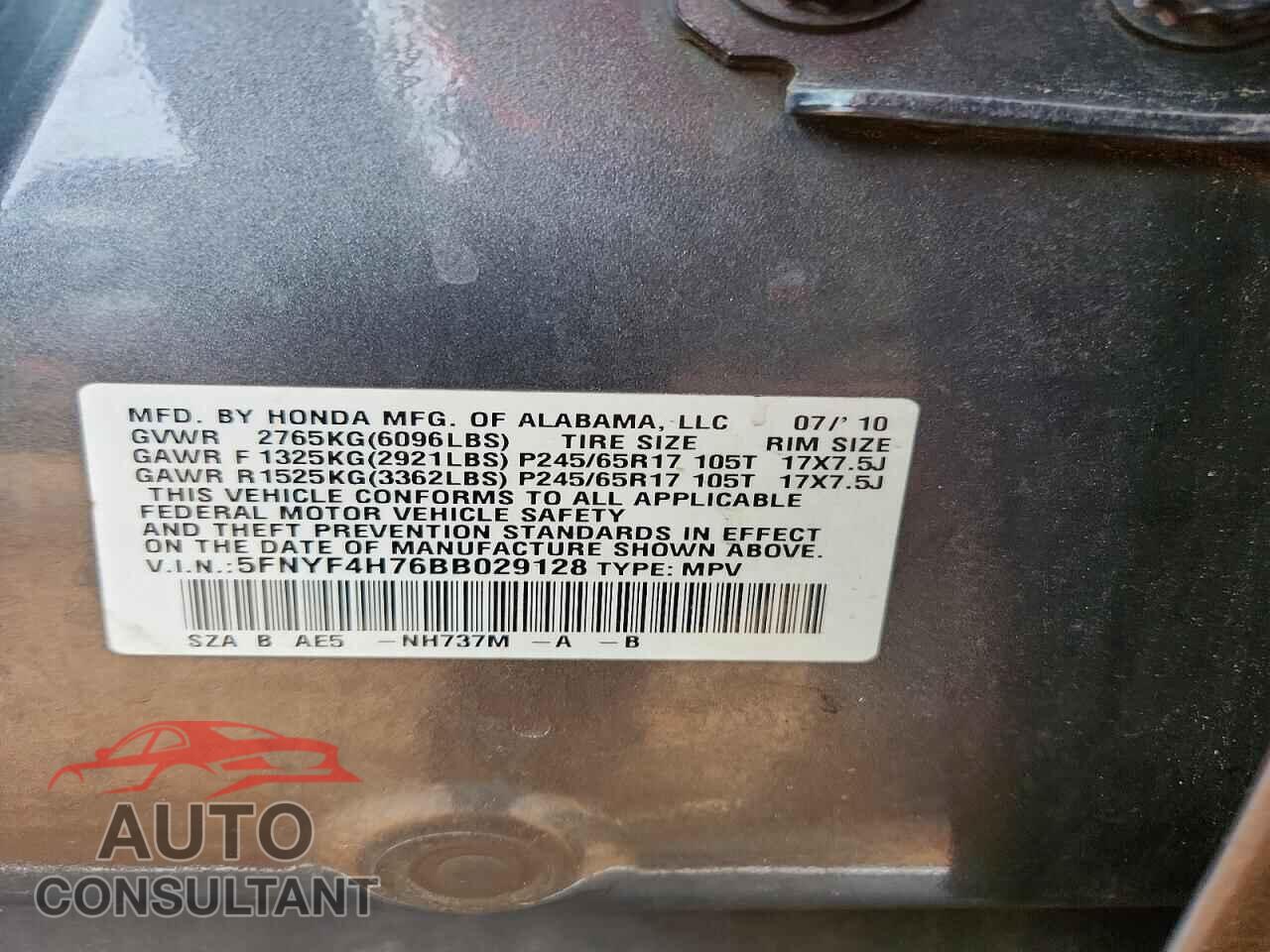 HONDA PILOT 2011 - 5FNYF4H76BB029128