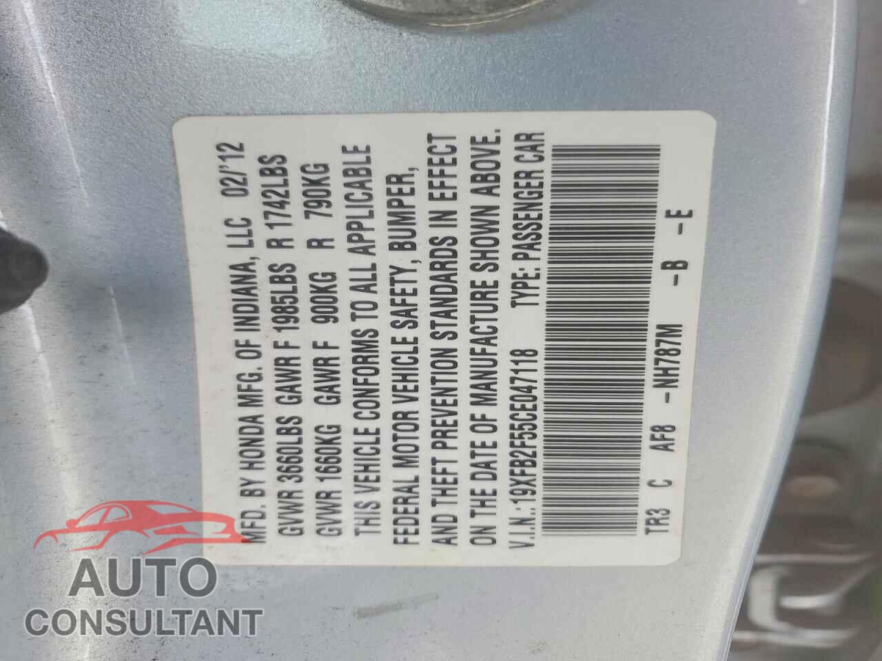 HONDA CIVIC 2012 - 19XFB2F55CE047118