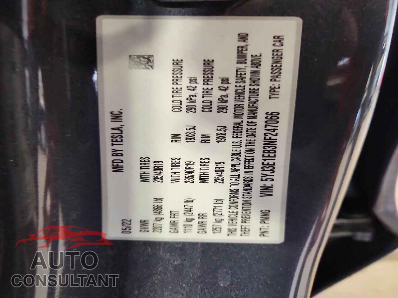 TESLA MODEL 3 2022 - 5YJ3E1EB3NF247066