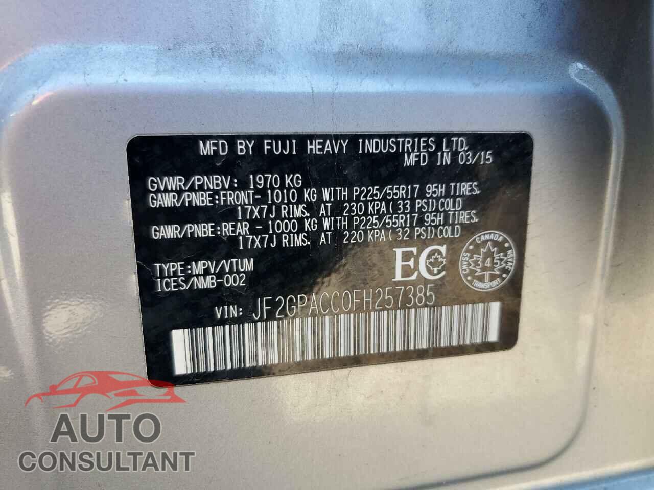 SUBARU XV 2015 - JF2GPACC0FH257385