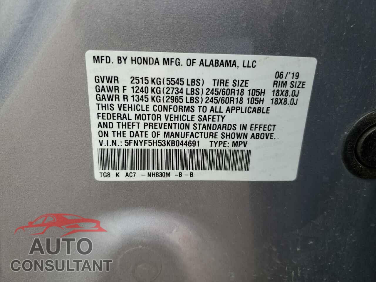 HONDA PILOT 2019 - 5FNYF5H53KB044691