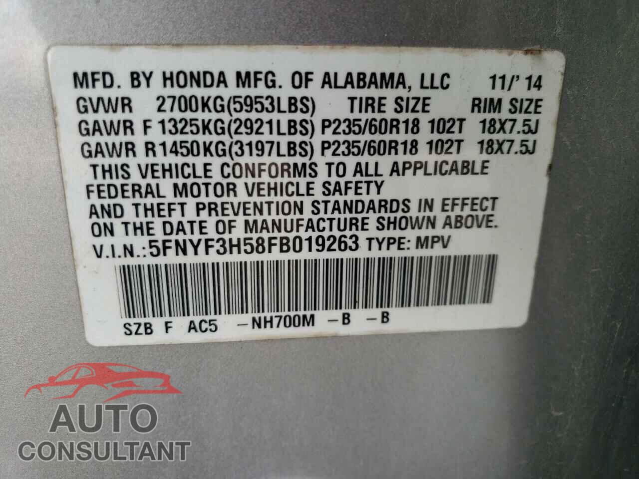 HONDA PILOT 2015 - 5FNYF3H58FB019263