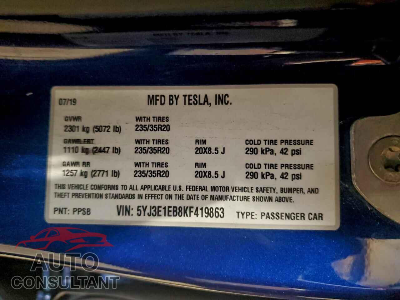 TESLA MODEL 3 2019 - 5YJ3E1EB8KF419863