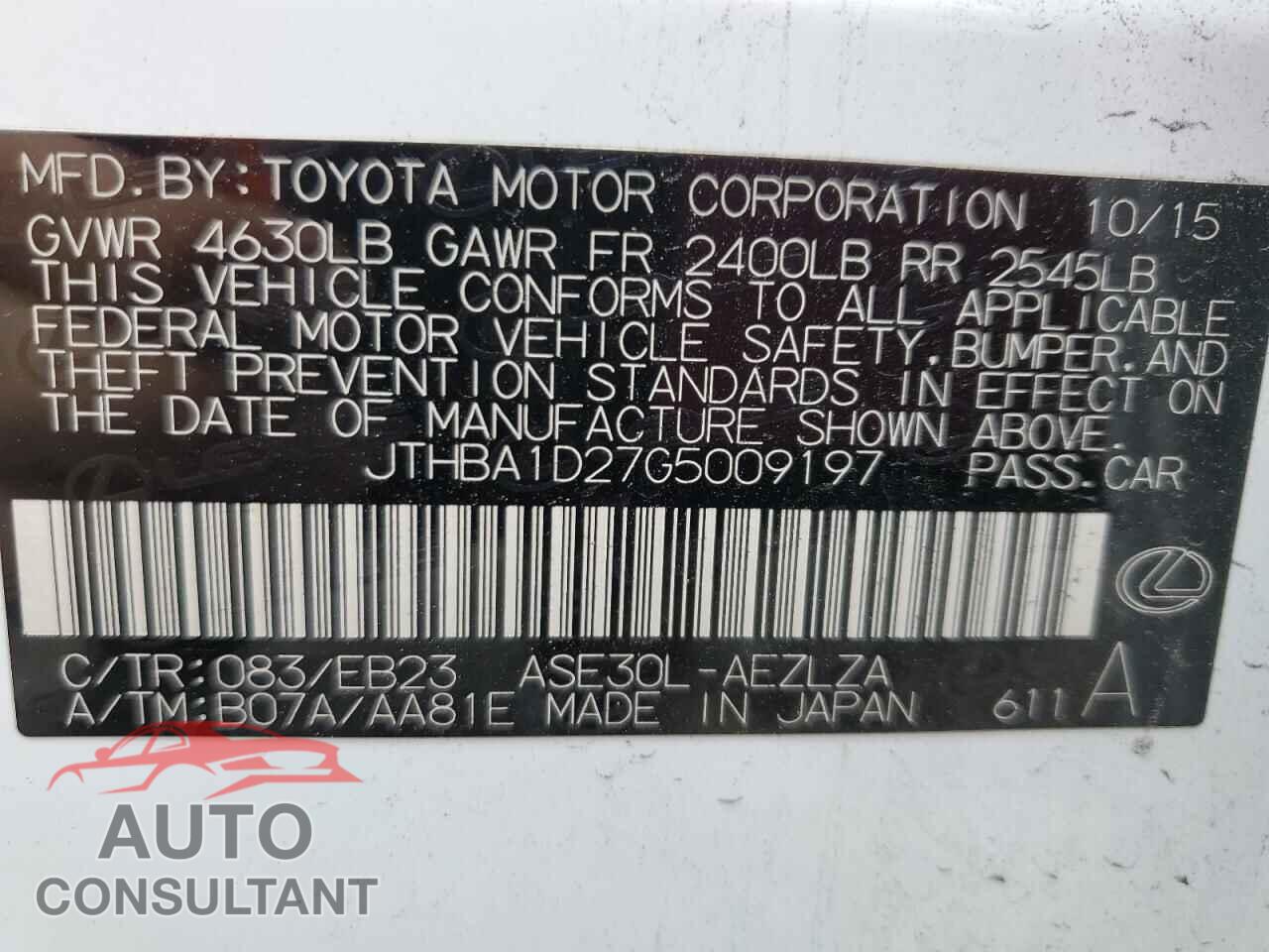 LEXUS IS 2016 - JTHBA1D27G5009197