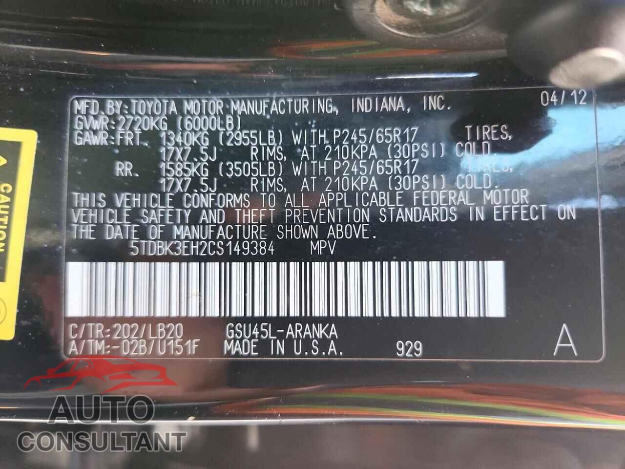 TOYOTA HIGHLANDER 2012 - 5TDBK3EH2CS149384