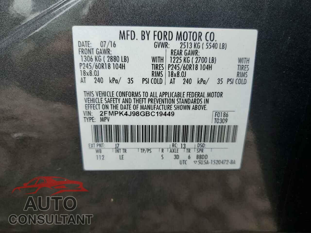 FORD EDGE 2016 - 2FMPK4J98GBC19449