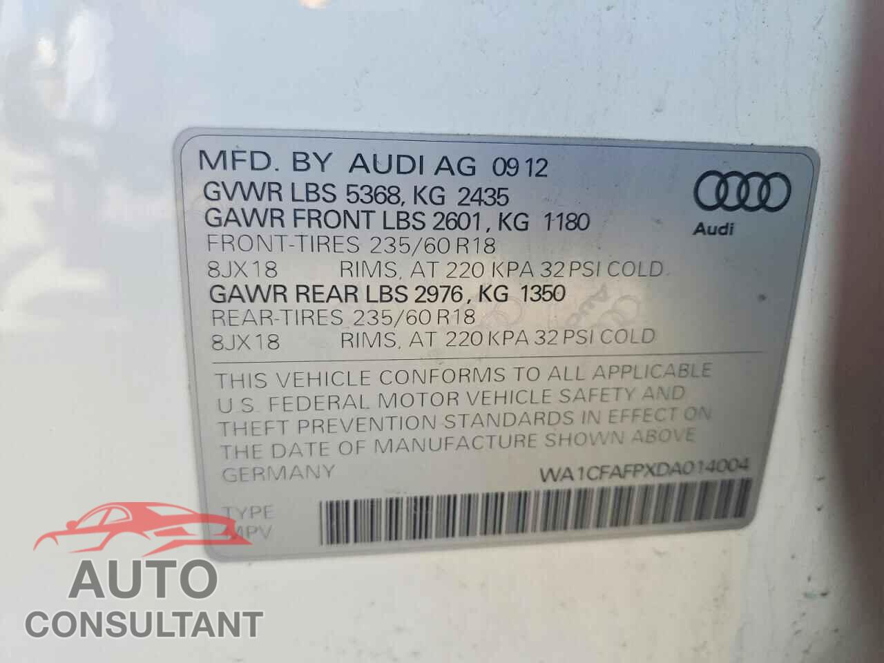 AUDI Q5 2013 - WA1CFAFPXDA014004