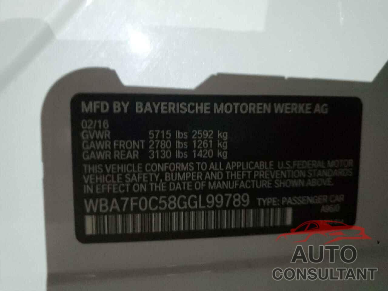 BMW 7 SERIES 2016 - WBA7F0C58GGL99789