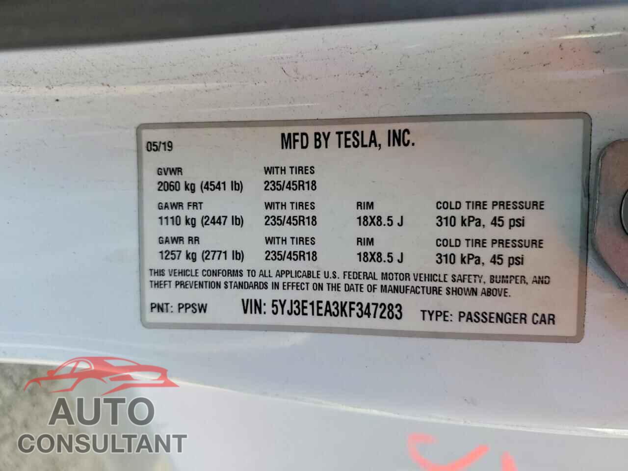 TESLA MODEL 3 2019 - 5YJ3E1EA3KF347283