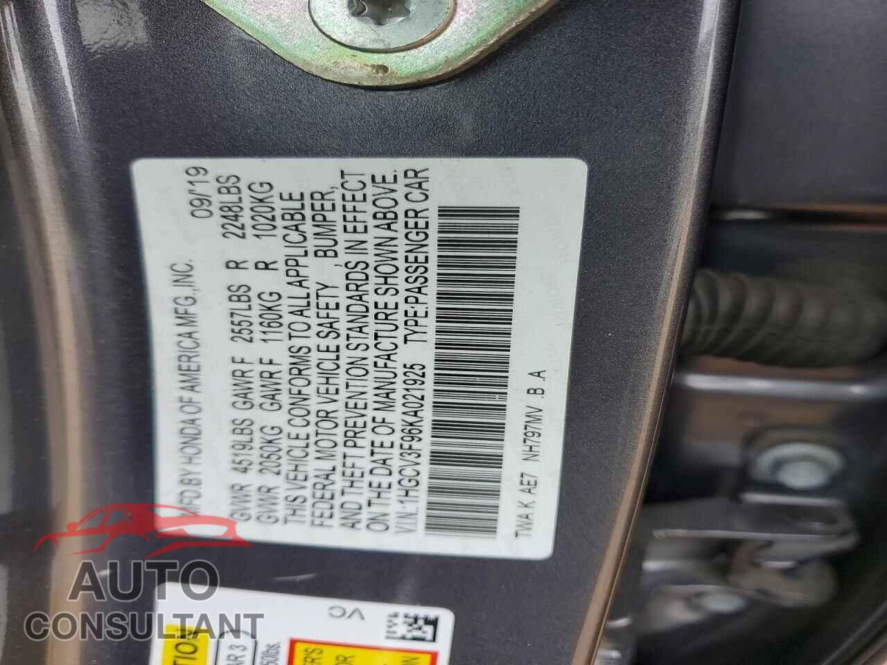 HONDA ACCORD 2019 - 1HGCV3F96KA021925