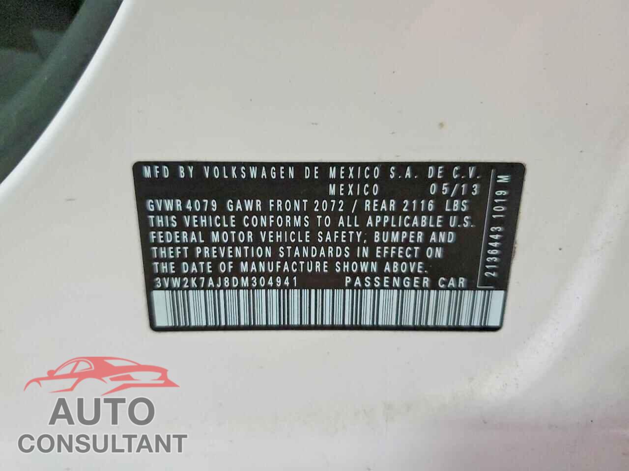 VOLKSWAGEN JETTA 2013 - 3VW2K7AJ8DM304941