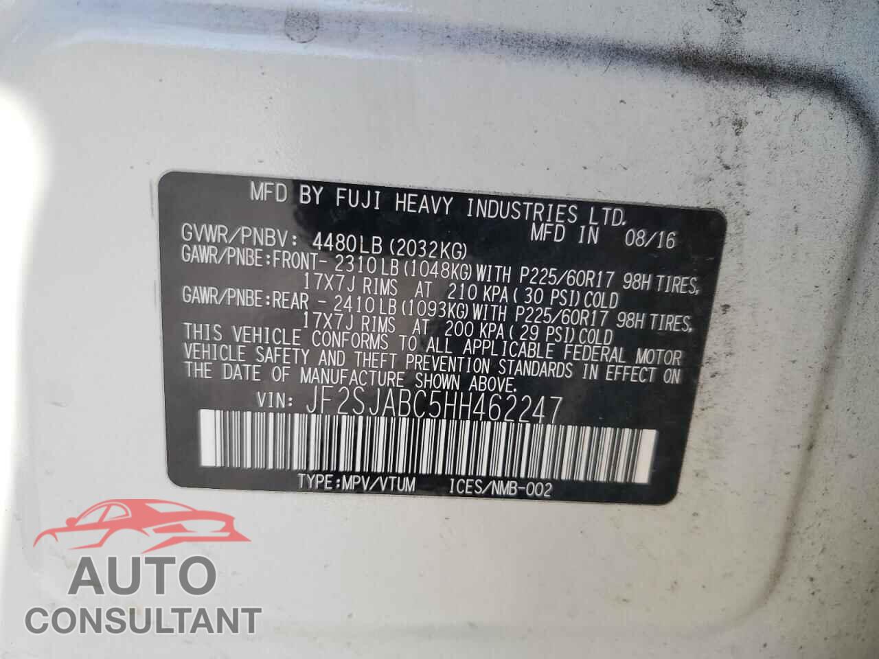 SUBARU FORESTER 2017 - JF2SJABC5HH462247