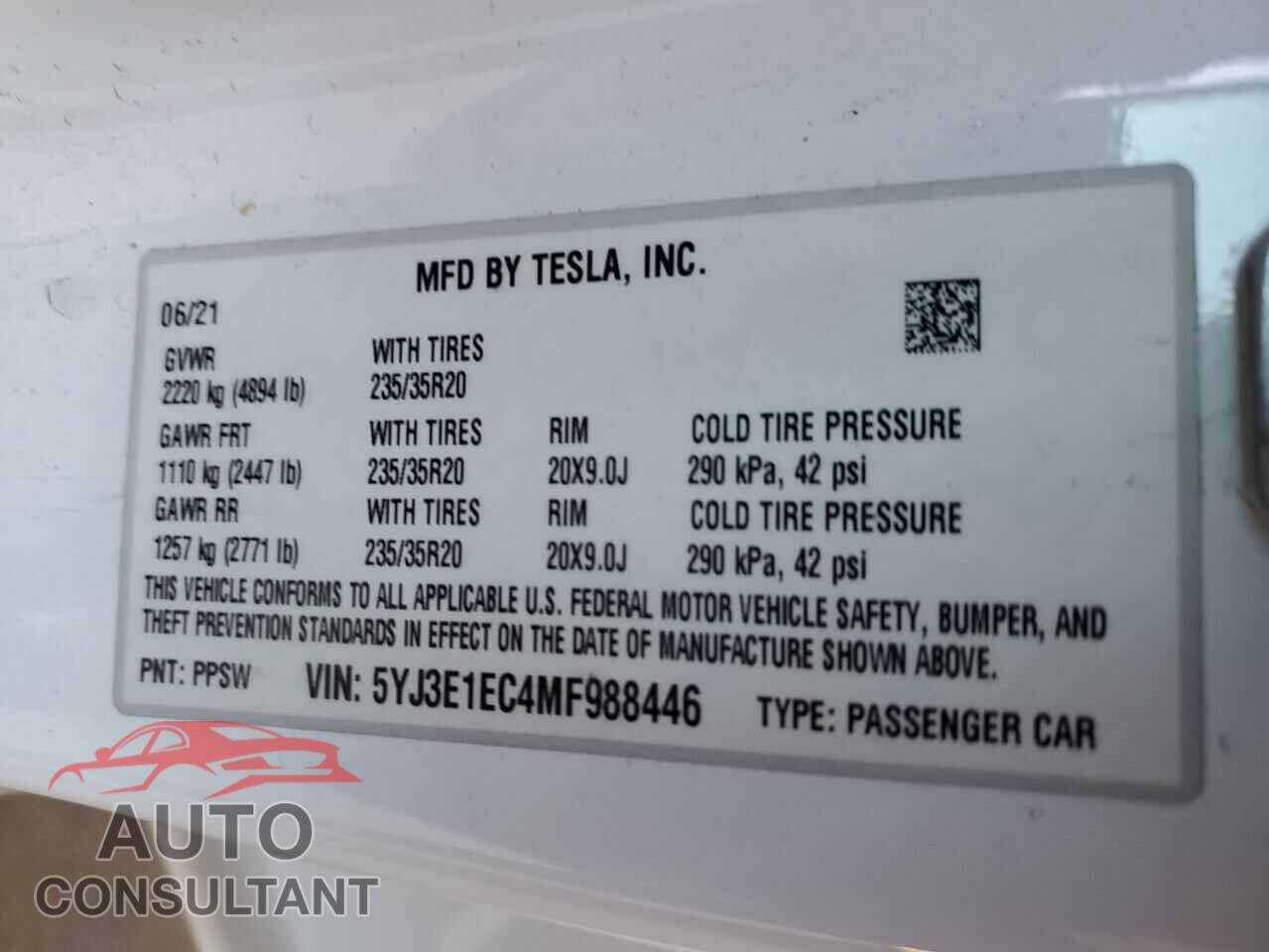 TESLA MODEL 3 2021 - 5YJ3E1EC4MF988446
