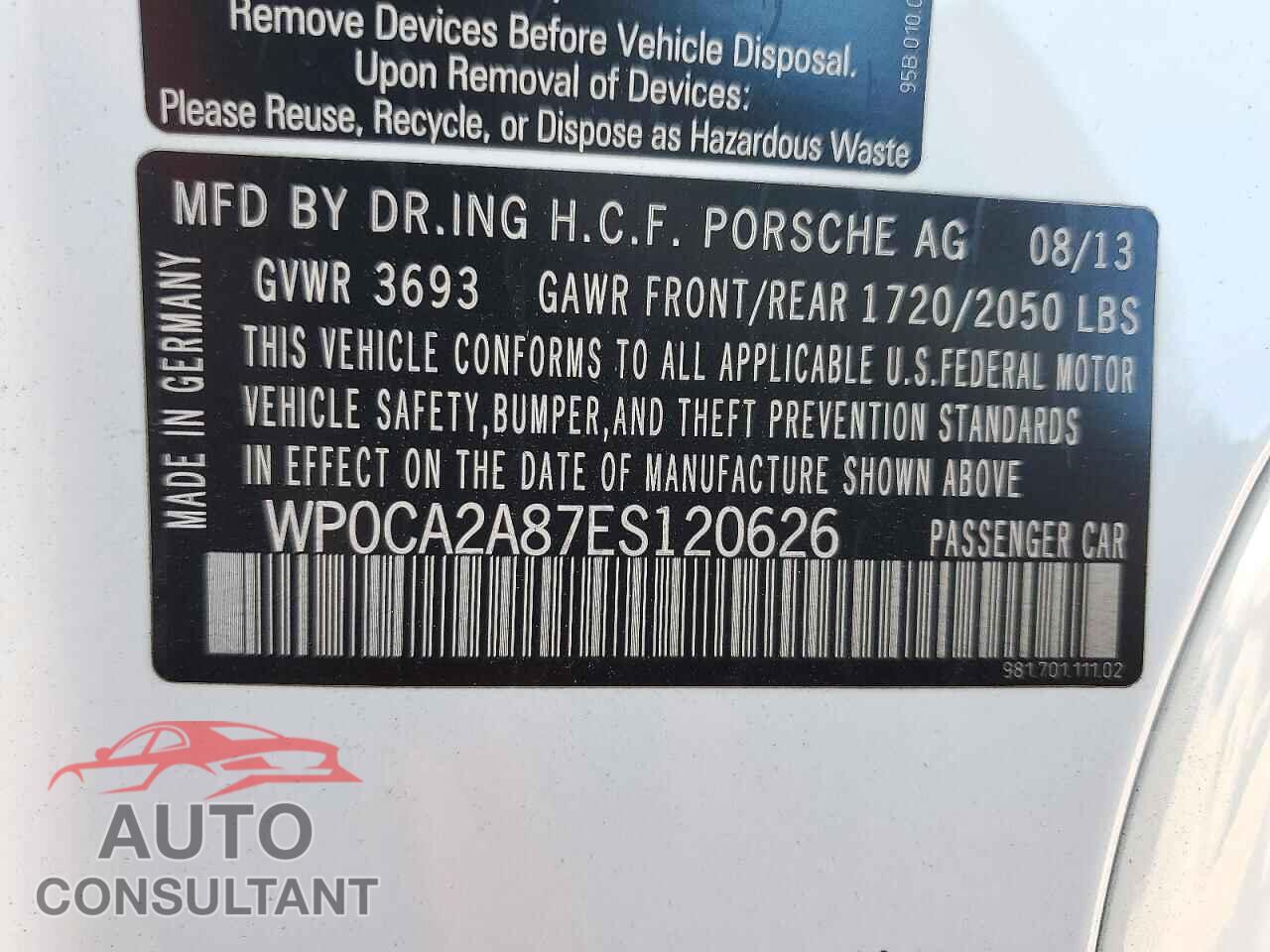 PORSCHE BOXSTER 2014 - WP0CA2A87ES120626