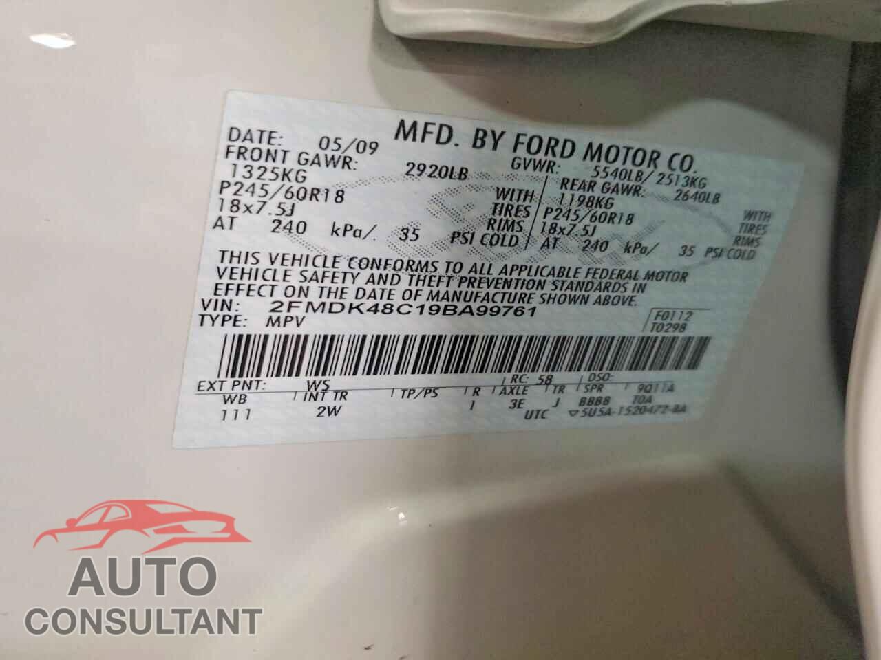 FORD EDGE 2009 - 2FMDK48C19BA99761
