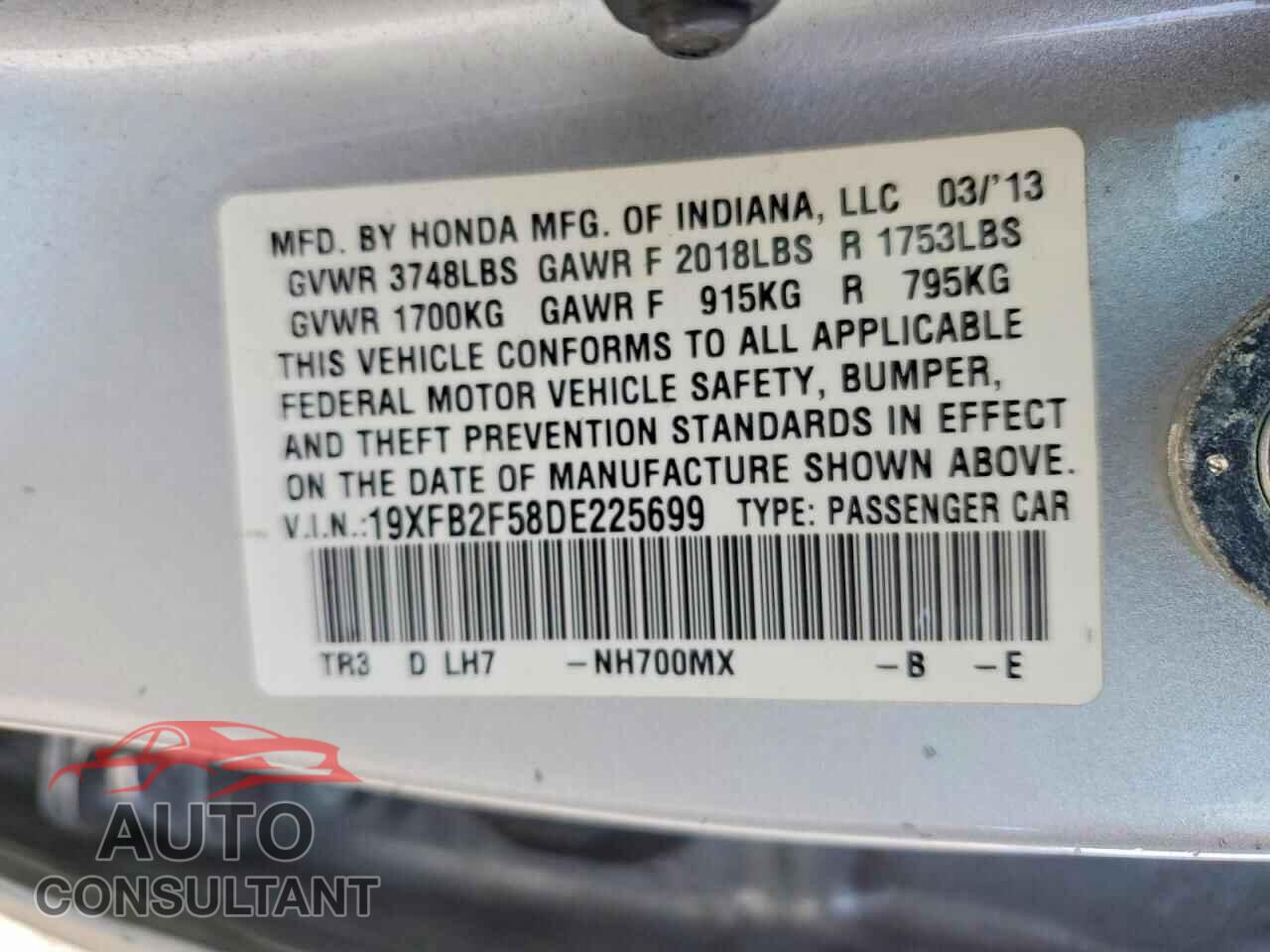 HONDA CIVIC 2013 - 19XFB2F58DE225699