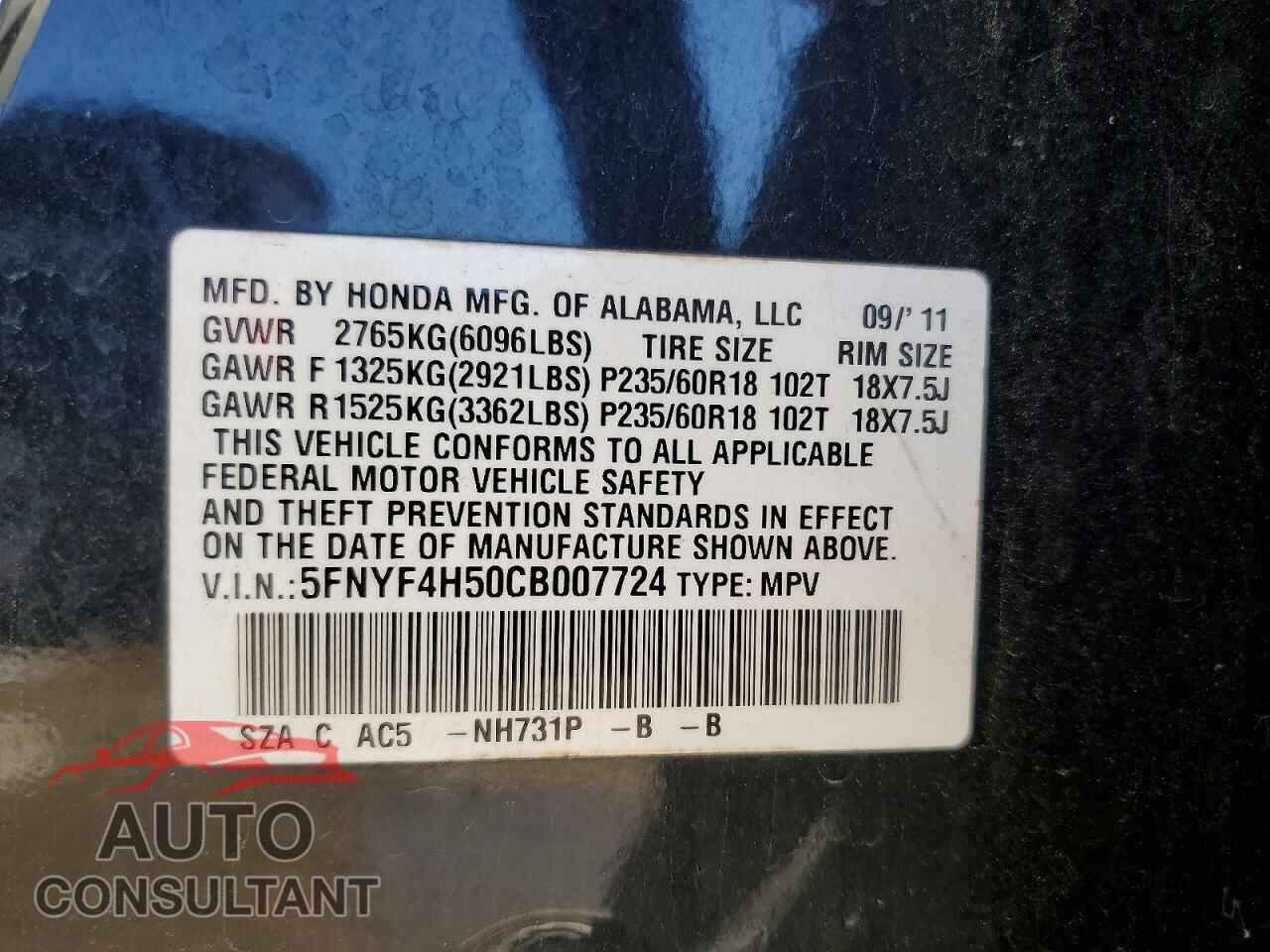 HONDA PILOT 2012 - 5FNYF4H50CB007724