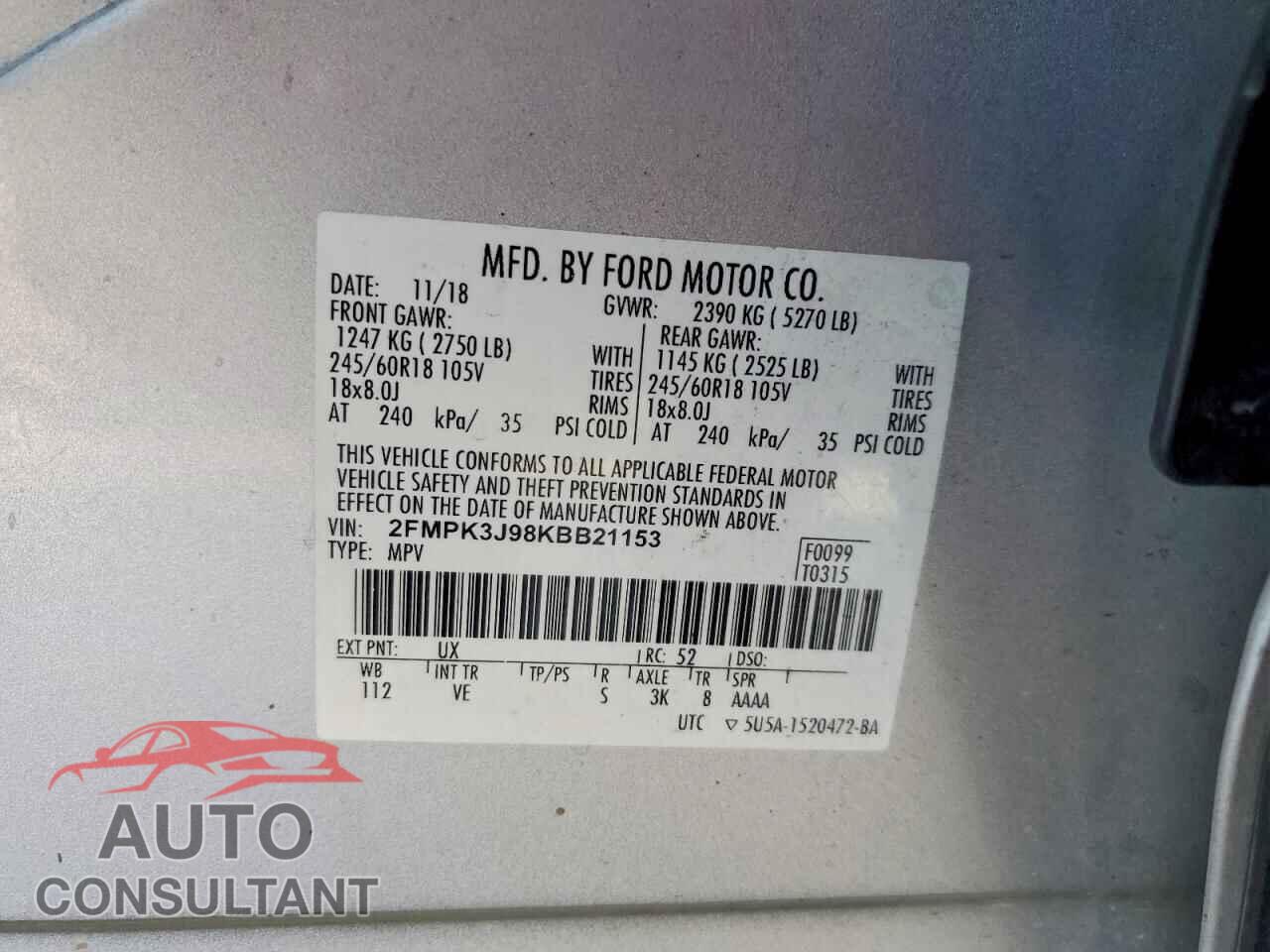 FORD EDGE 2019 - 2FMPK3J98KBB21153