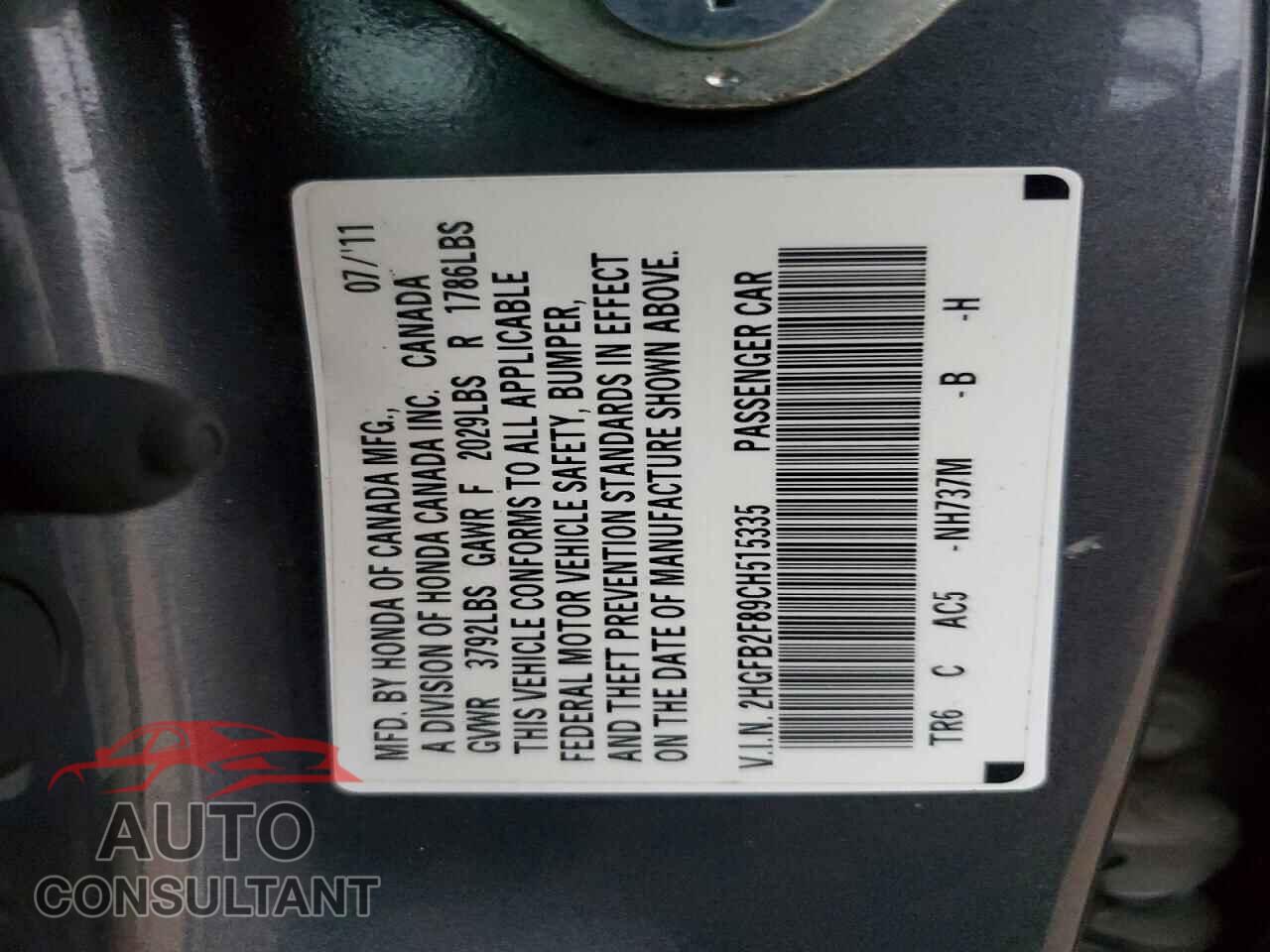 HONDA CIVIC 2012 - 2HGFB2F89CH515335