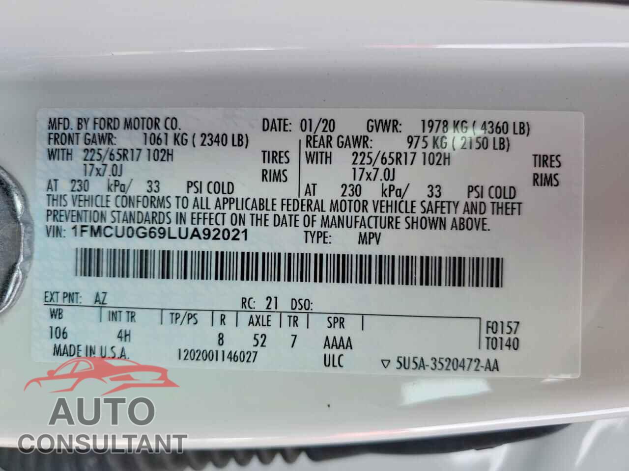 FORD ESCAPE 2020 - 1FMCU0G69LUA92021