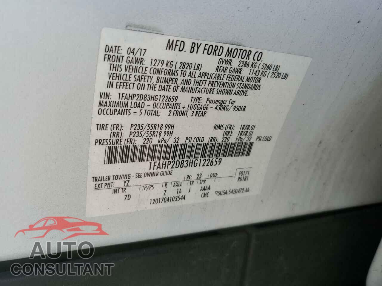FORD TAURUS 2017 - 1FAHP2D83HG122659