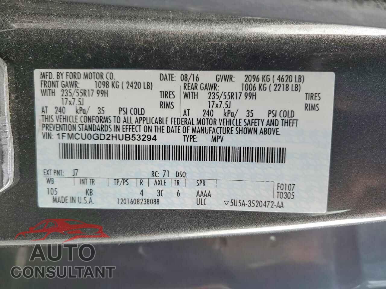 FORD ESCAPE 2017 - 1FMCU0GD2HUB53294