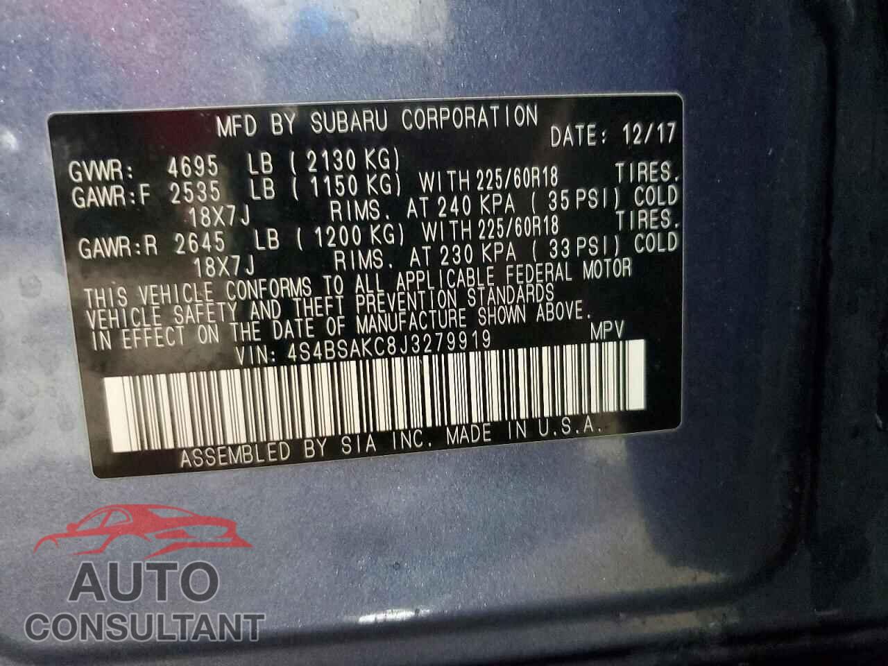 SUBARU OUTBACK 2018 - 4S4BSAKC8J3279919