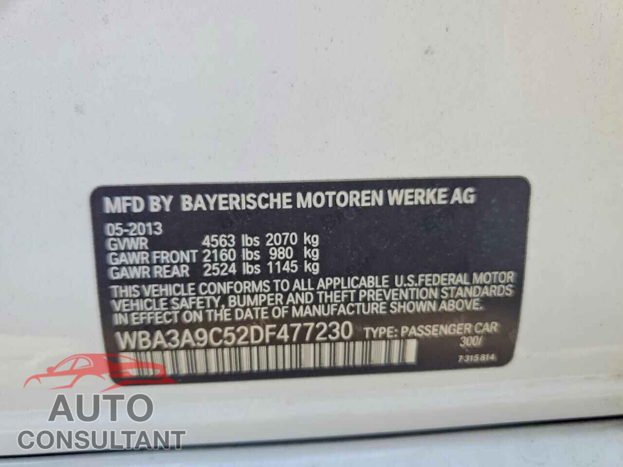BMW 3 SERIES 2013 - WBA3A9C52DF477230