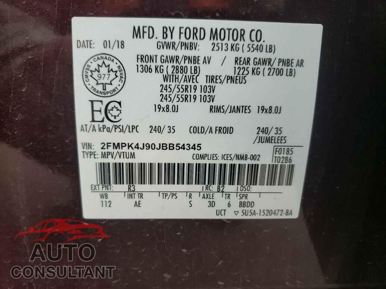 FORD EDGE 2018 - 2FMPK4J90JBB54345