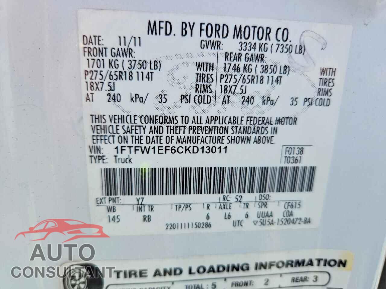 FORD F150 2012 - 1FTFW1EF6CKD13011
