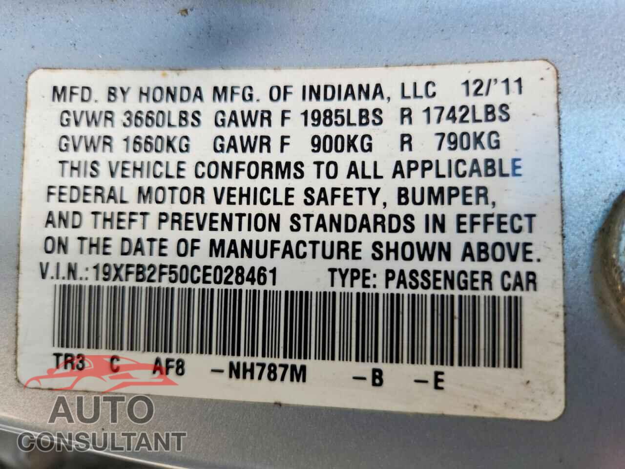 HONDA CIVIC 2012 - 19XFB2F50CE028461