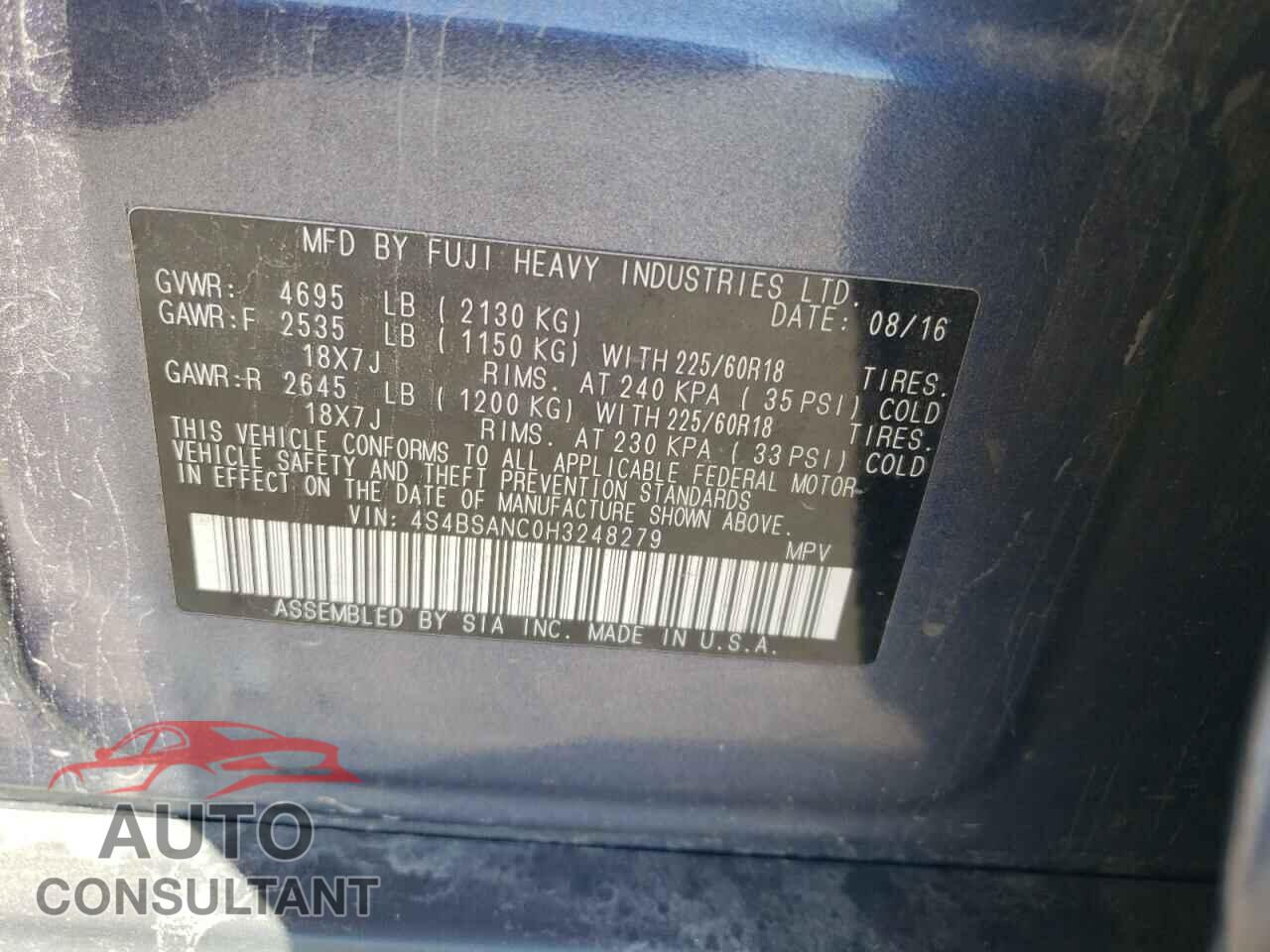 SUBARU OUTBACK 2017 - 4S4BSANC0H3248279