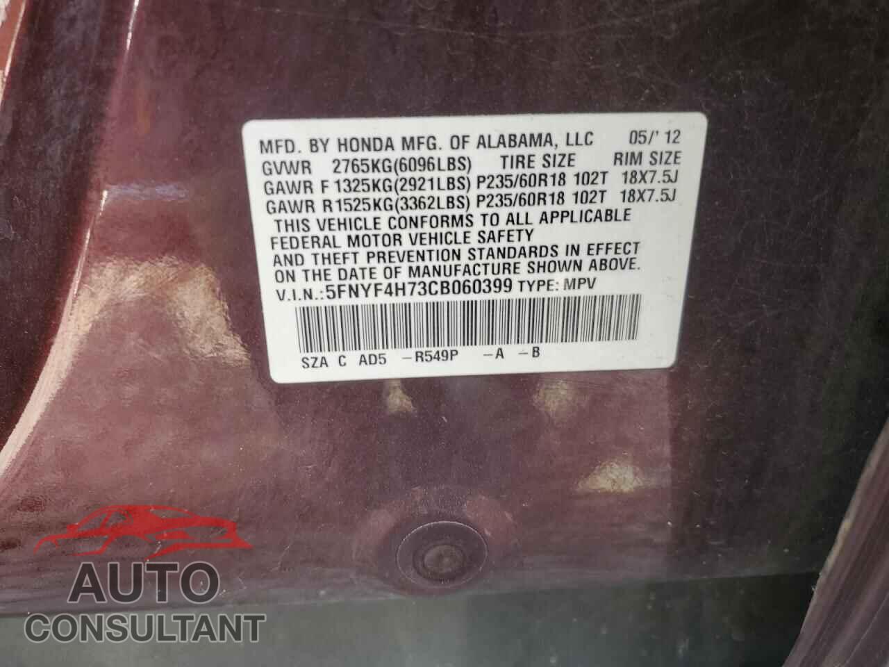 HONDA PILOT 2012 - 5FNYF4H73CB060399