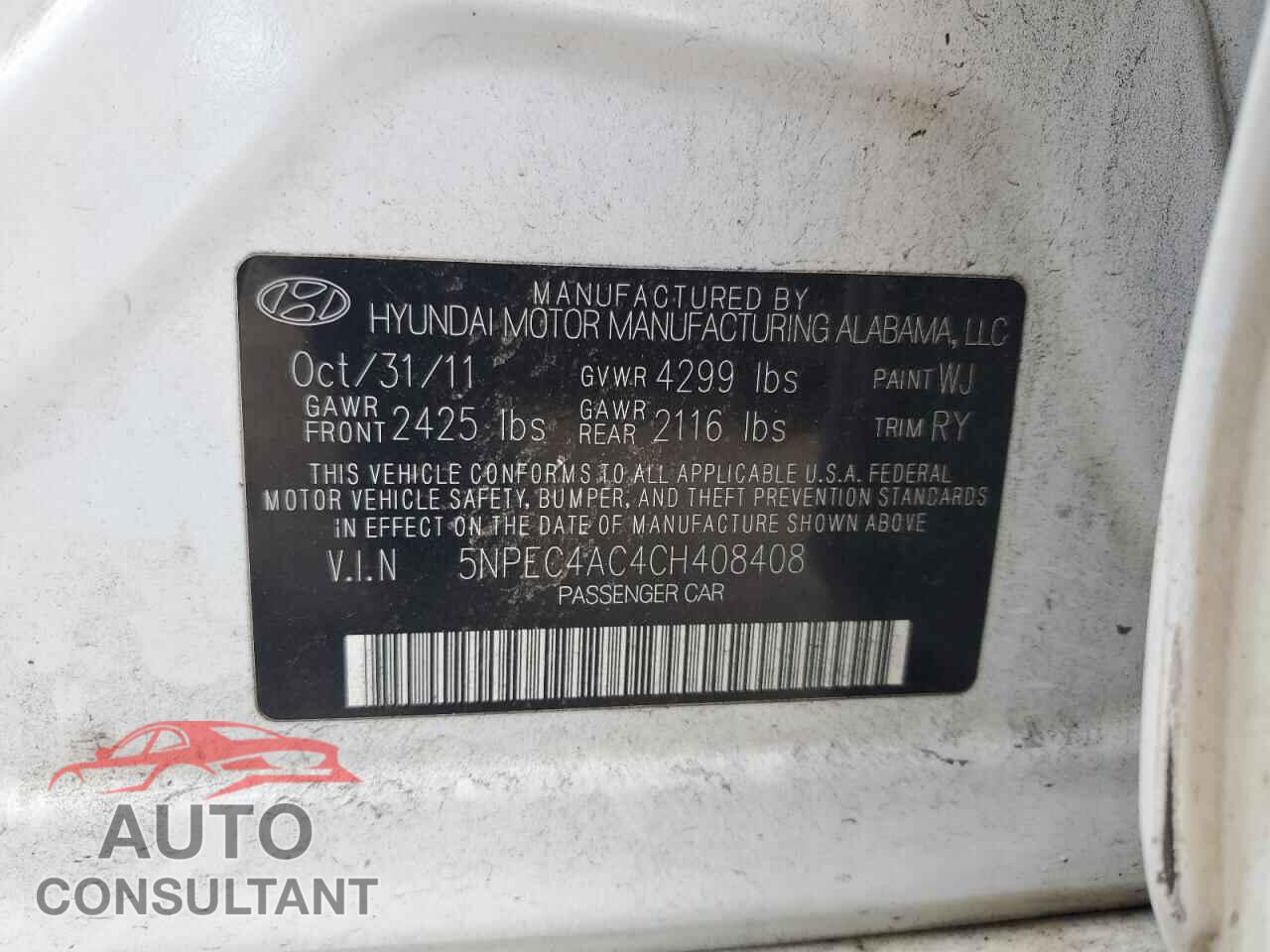 HYUNDAI SONATA 2012 - 5NPEC4AC4CH408408