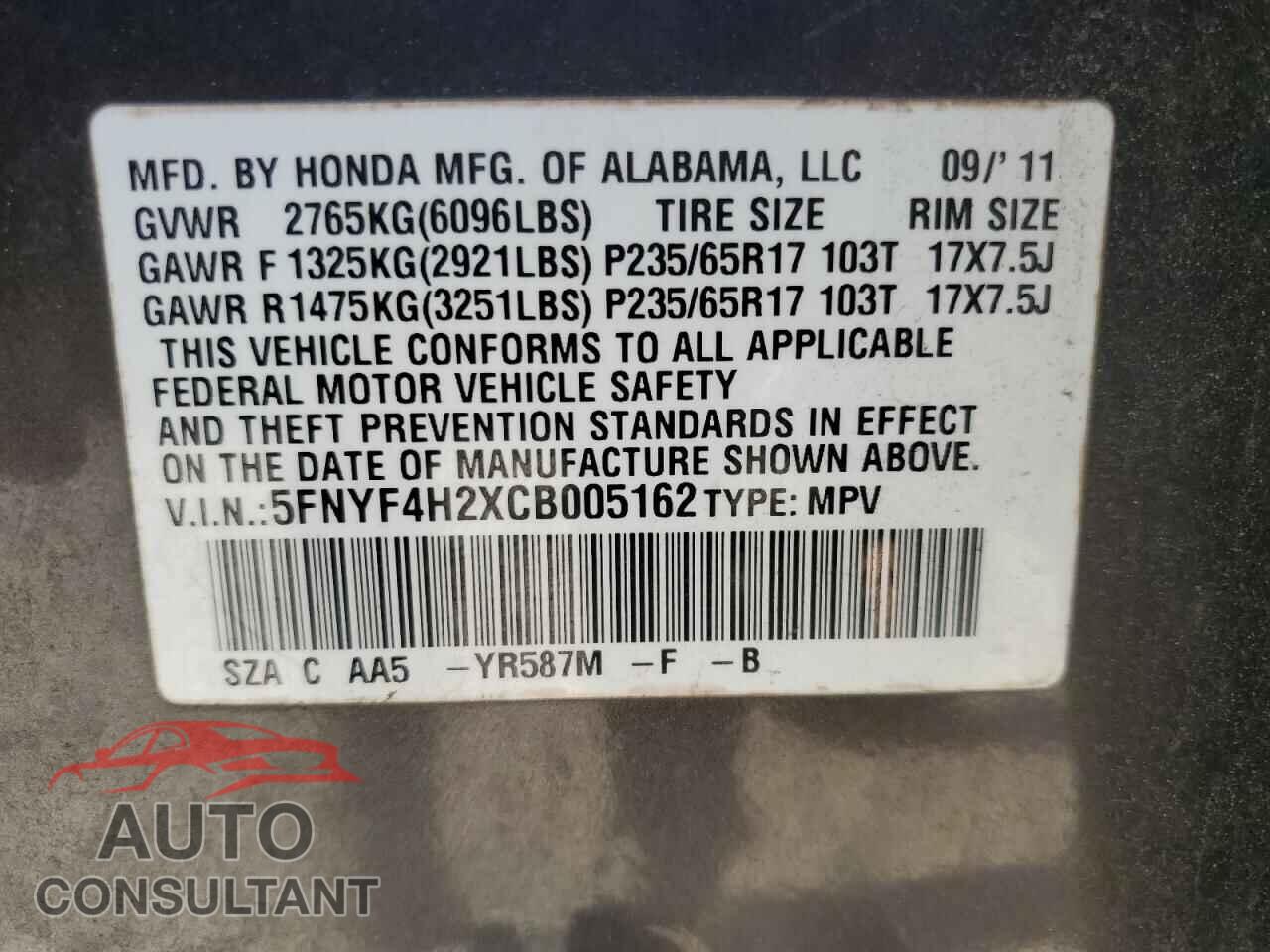 HONDA PILOT 2012 - 5FNYF4H2XCB005162