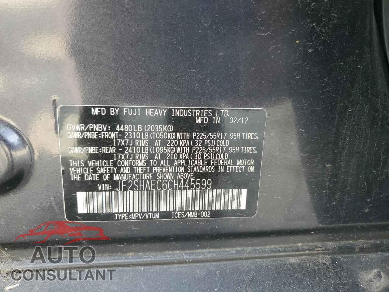SUBARU FORESTER 2012 - JF2SHAEC6CH445599