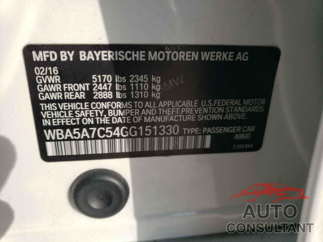 BMW 5 SERIES 2016 - WBA5A7C54GG151330