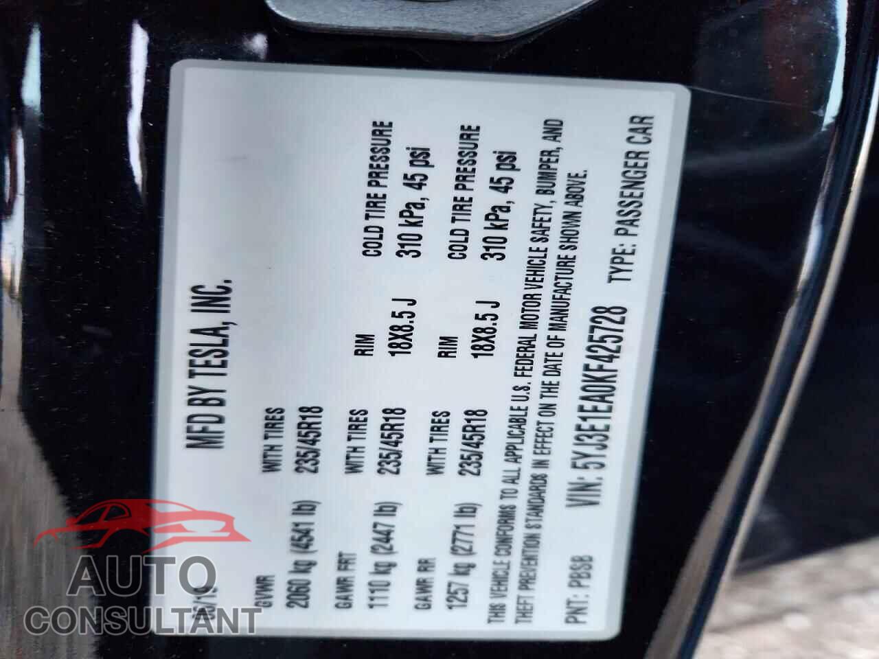 TESLA MODEL 3 2019 - 5YJ3E1EA0KF425728