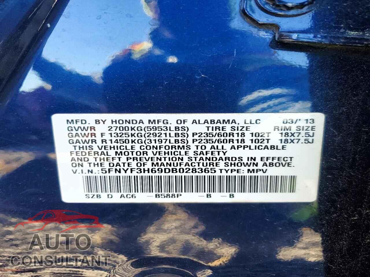 HONDA PILOT 2013 - 5FNYF3H69DB028365