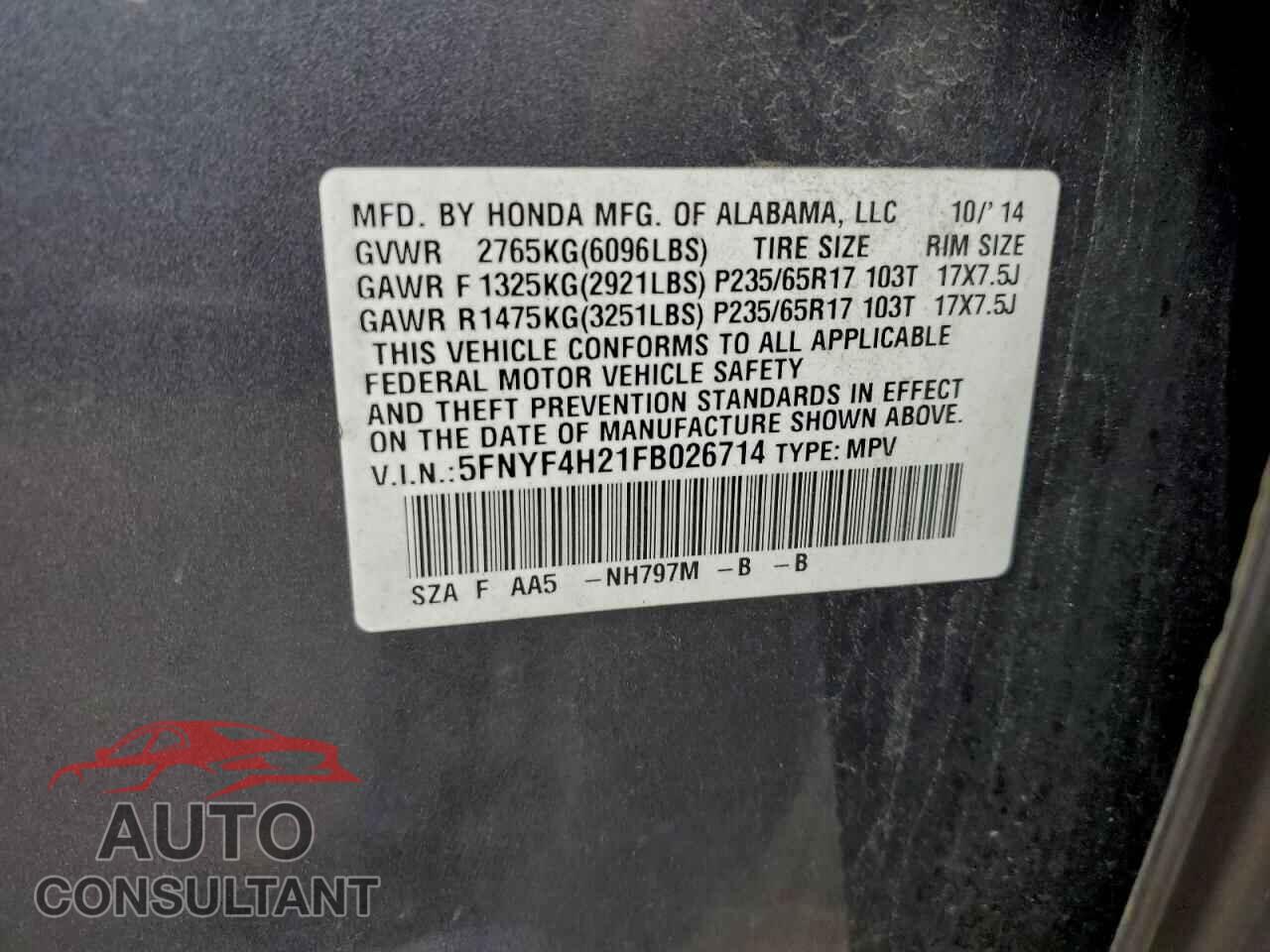 HONDA PILOT 2015 - 5FNYF4H21FB026714