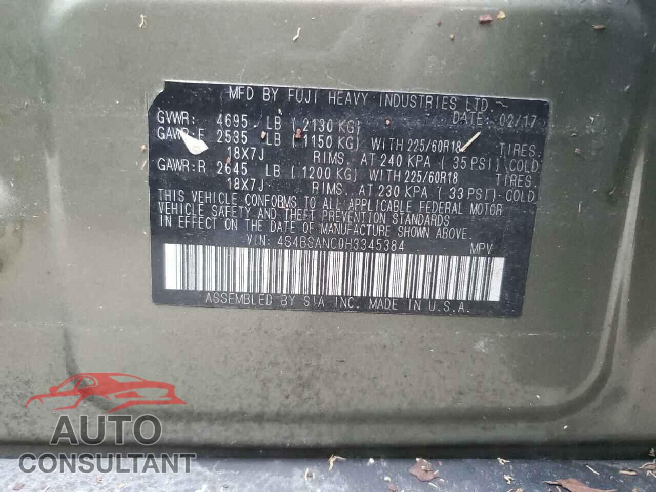 SUBARU OUTBACK 2017 - 4S4BSANC0H3345384