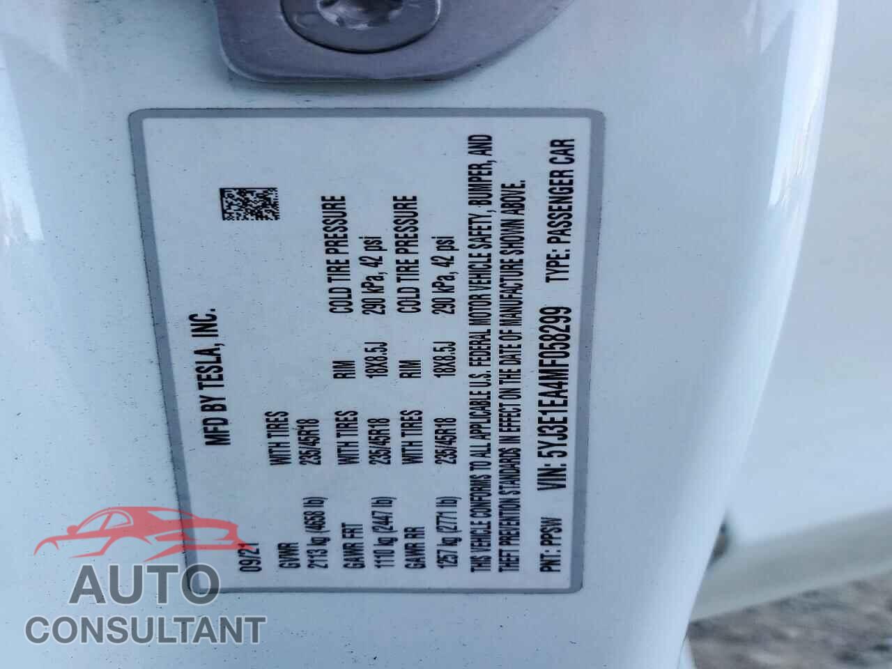 TESLA MODEL 3 2021 - 5YJ3E1EA4MF058299