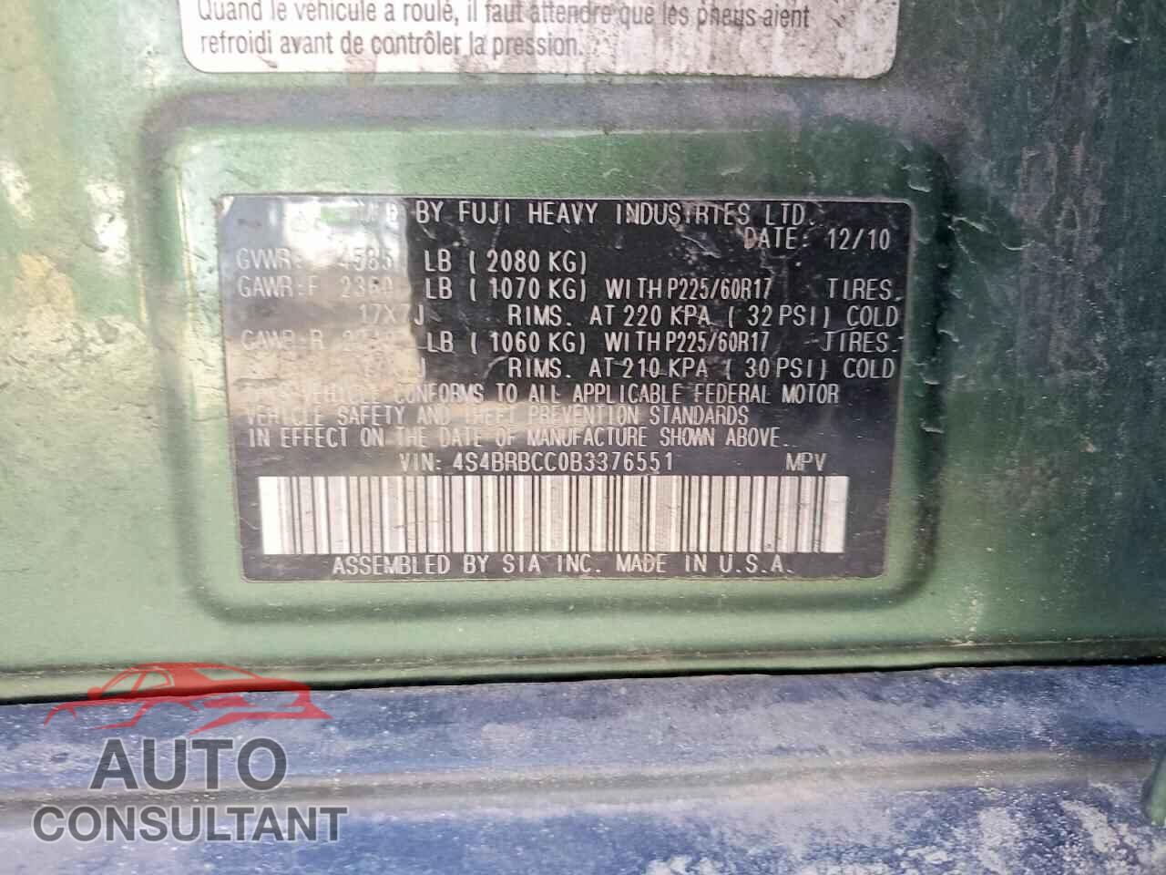 SUBARU OUTBACK 2011 - 4S4BRBCC0B3376551