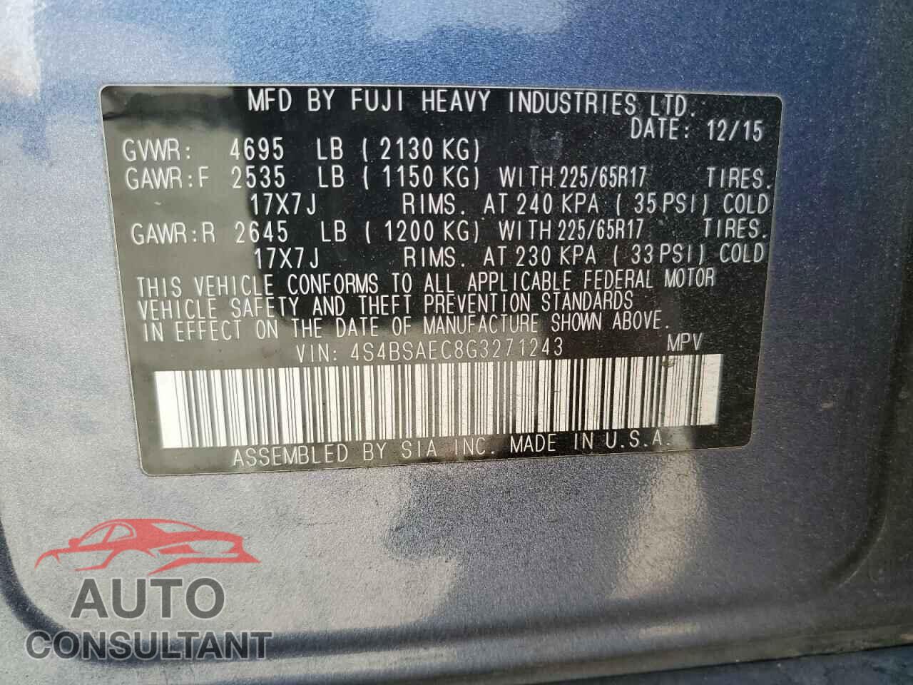 SUBARU OUTBACK 2016 - 4S4BSAEC8G3271243