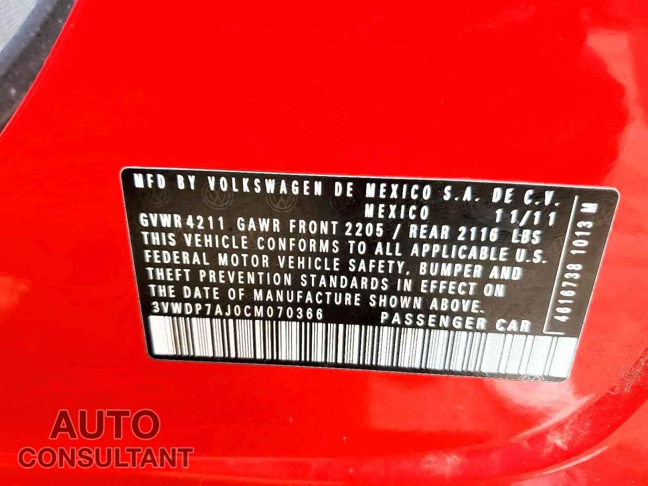 VOLKSWAGEN JETTA 2012 - 3VWDP7AJ0CM070366