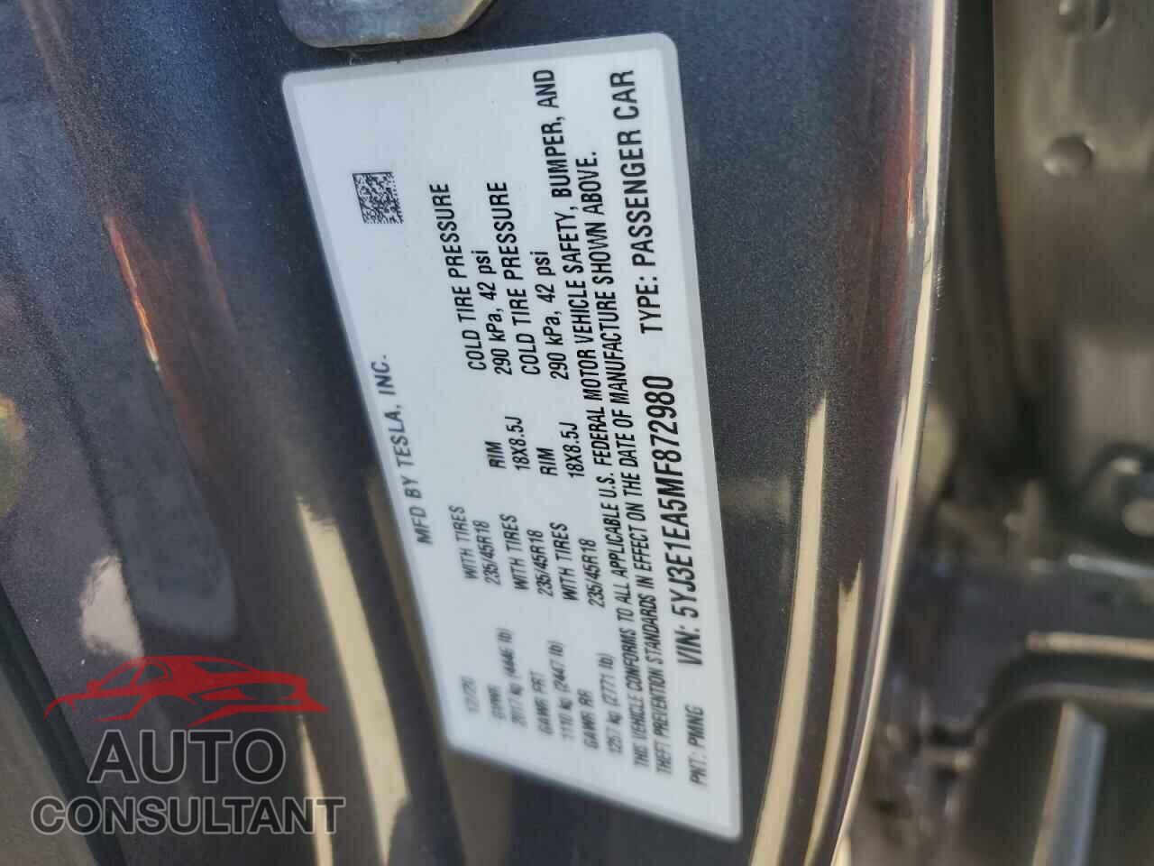 TESLA MODEL 3 2021 - 5YJ3E1EA5MF872980