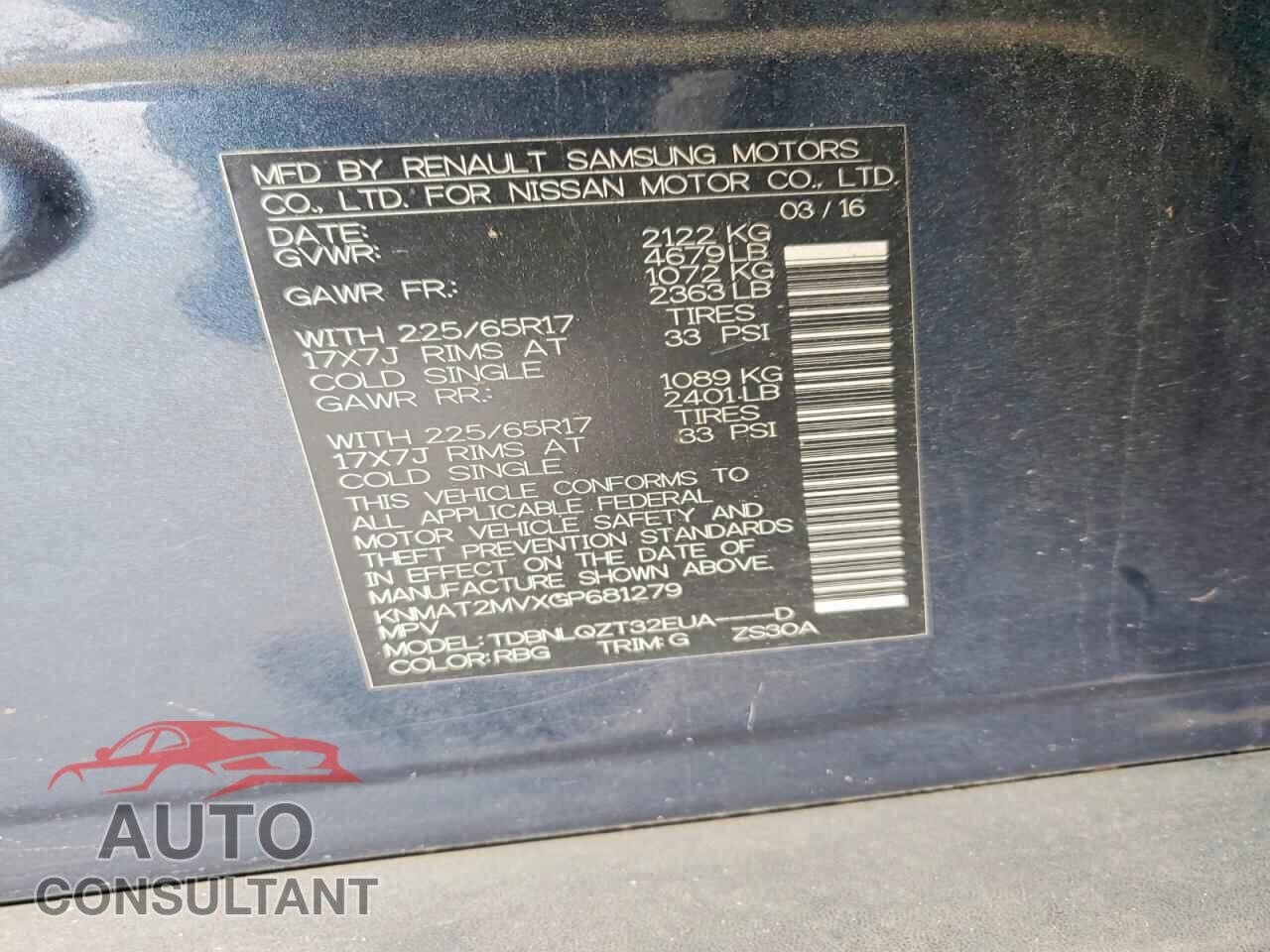 NISSAN ROGUE 2016 - KNMAT2MVXGP681279