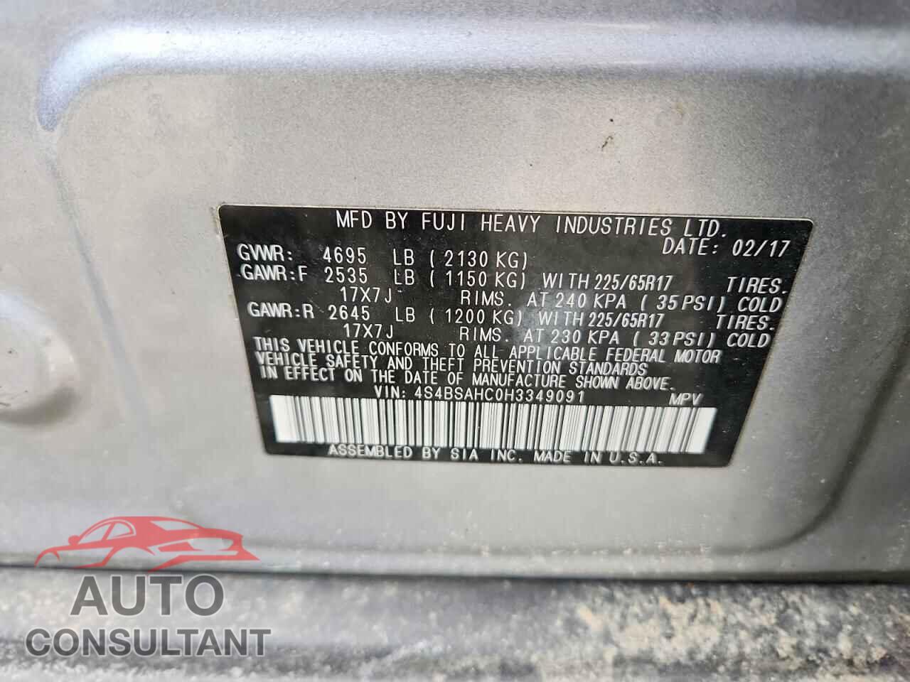 SUBARU OUTBACK 2017 - 4S4BSAHC0H3349091